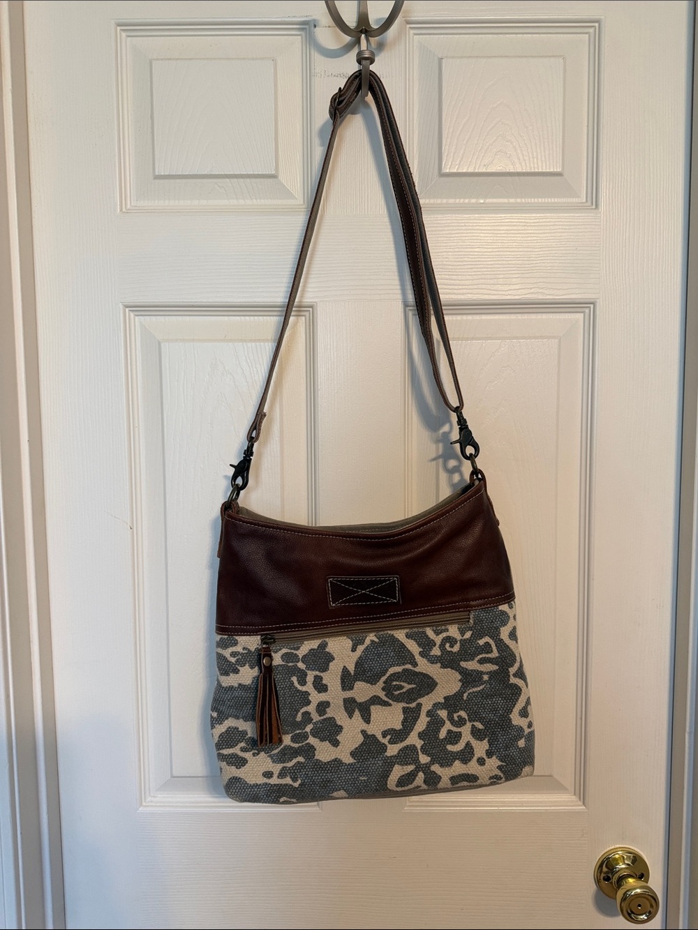 Brown and Cream Floral Canvas Crossbody Bag